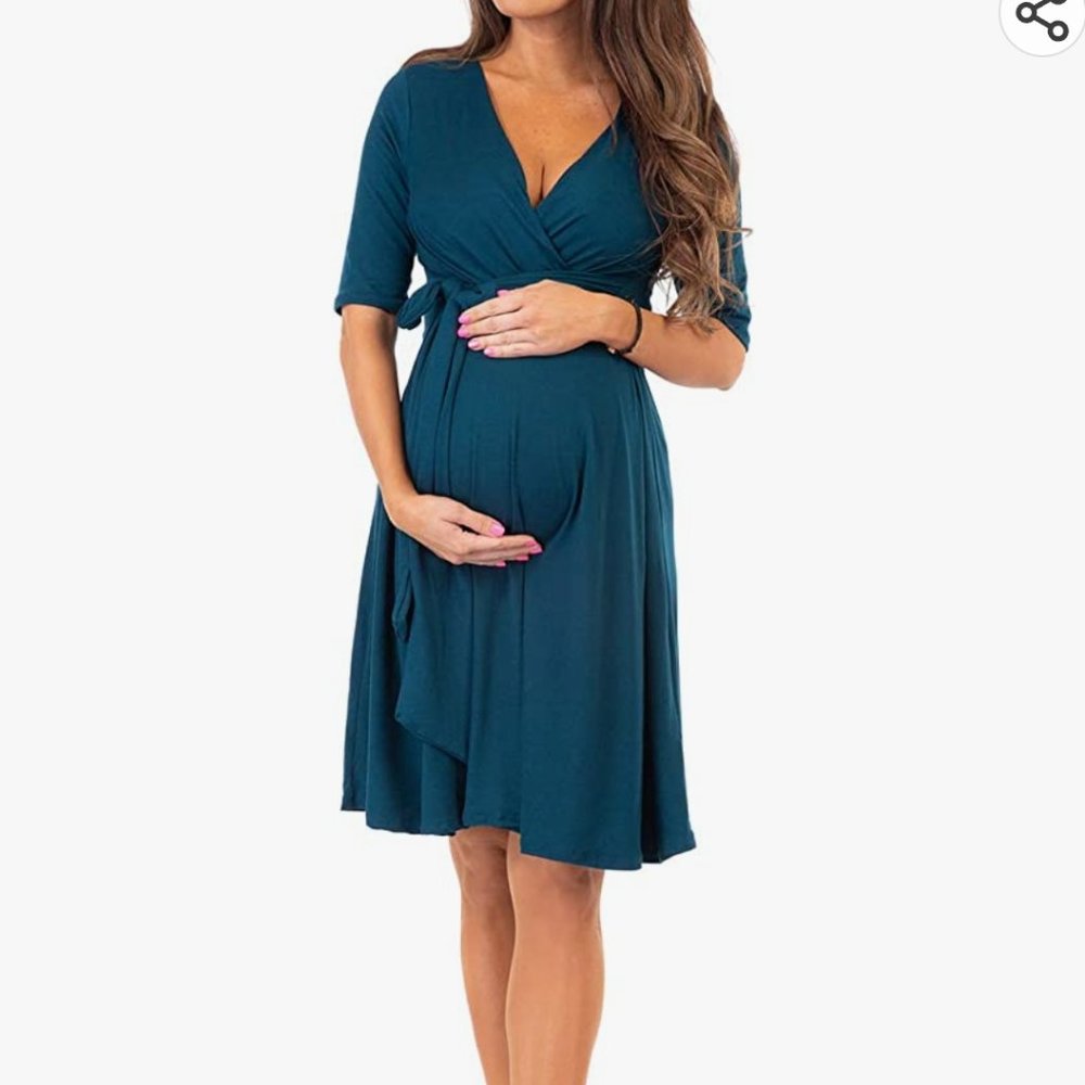 Mother Bee Maternity Knee Length Wrap Dress with Adjustable Belt